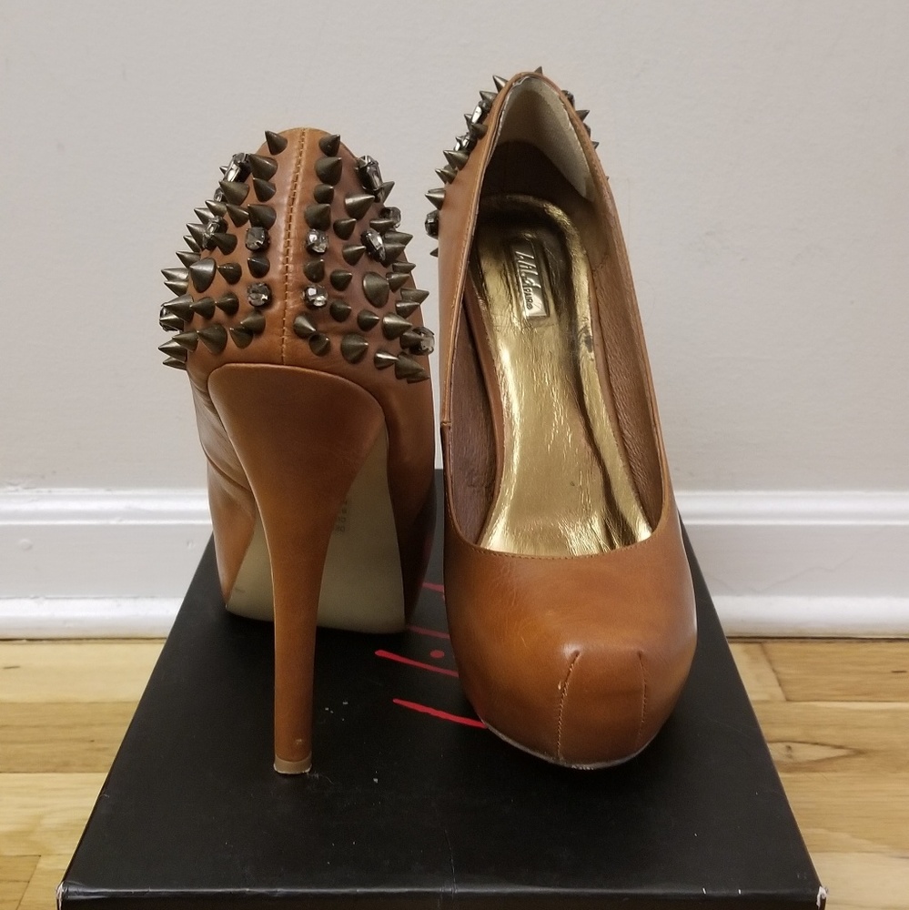 Spiked Heel Tan Platform Pumps - Size 10